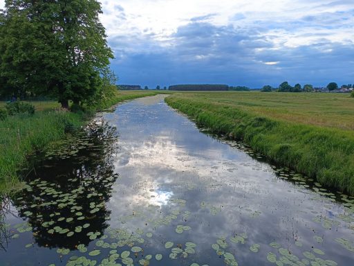 Ein Gewitterhimmel spiegelt sich abends im Wasser der Zarow